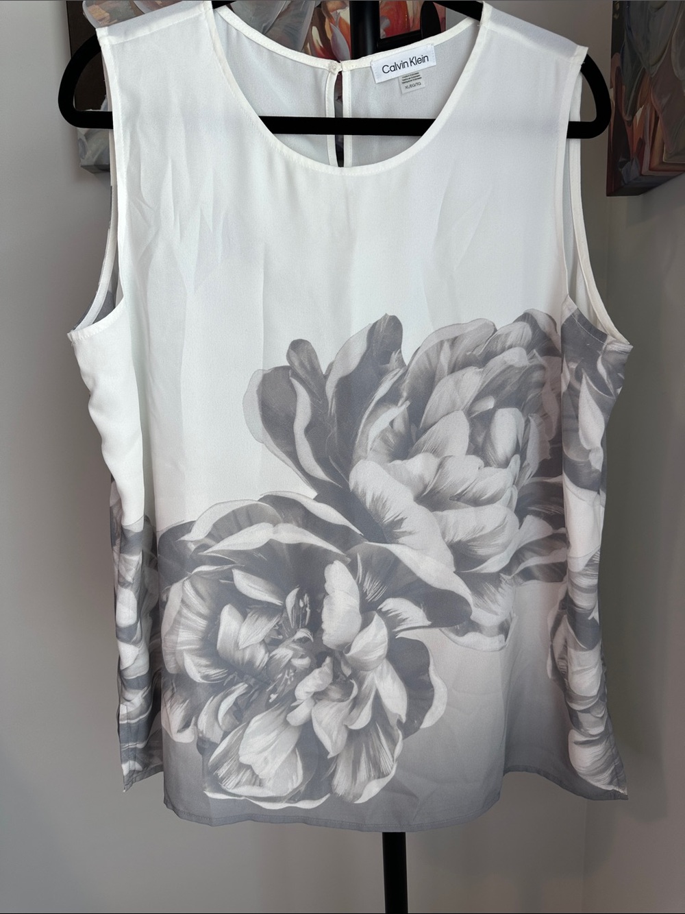 Calvin Klein White Sleeveless Floral Print Camisole with Gray Blooms
